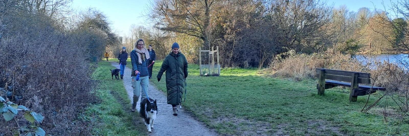 Cold clear winter day by a lake with people and dogs on a path